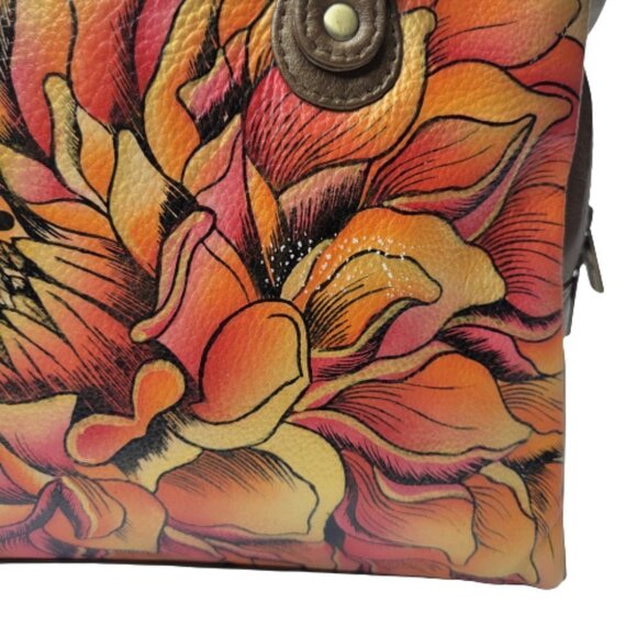 Anuschka Leather Handbag Bronze Gold Handpainted Triple Compartment Handbag - Picture 8 of 16